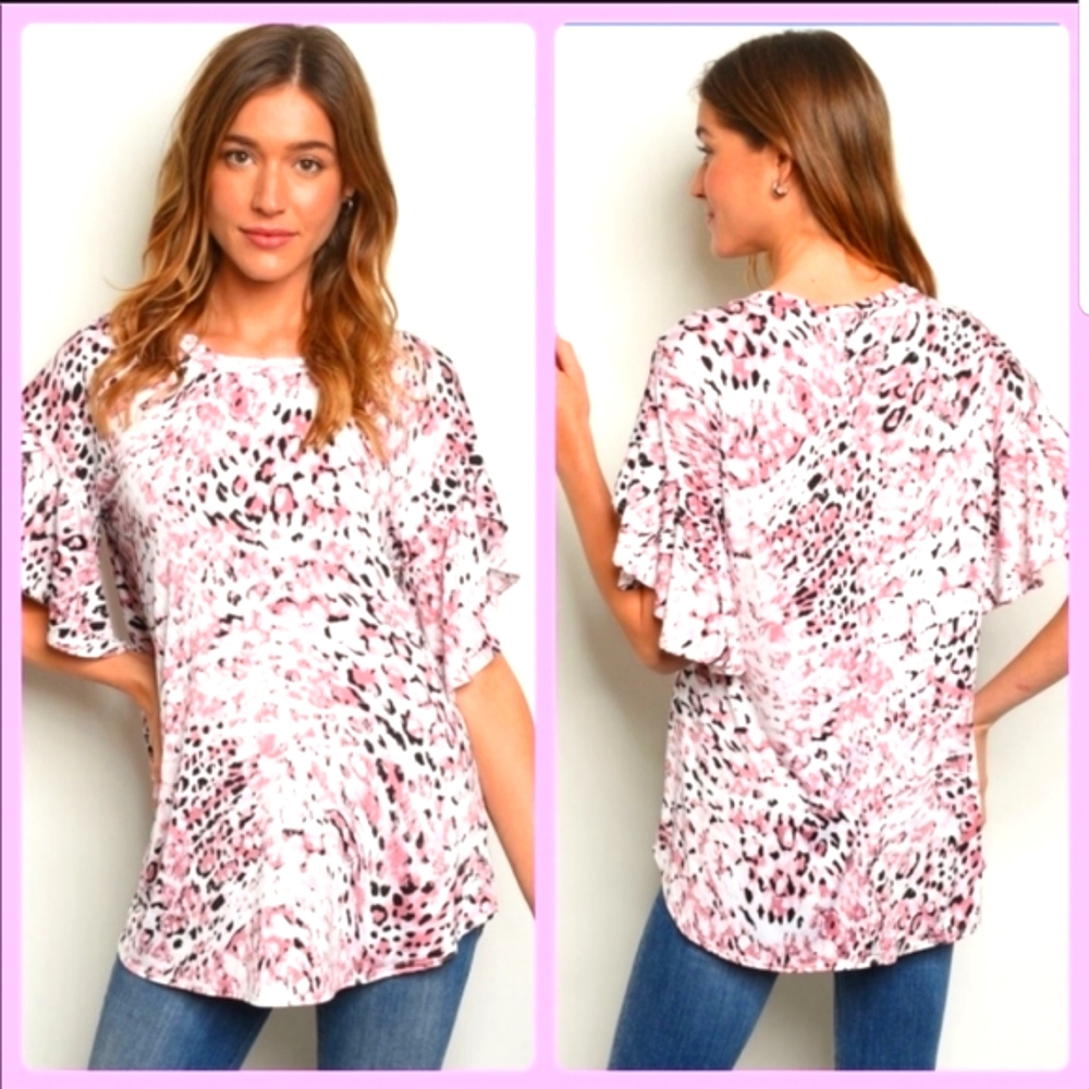 Flutter Sleeve Pink and Black Animal Print Tee